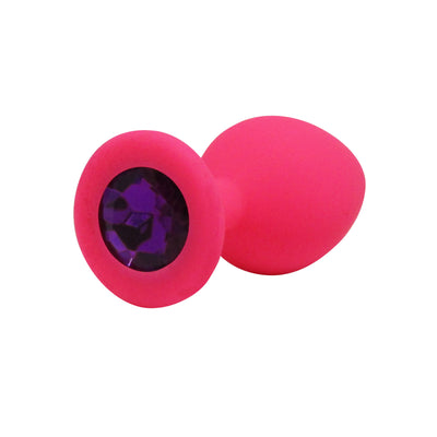 Fetish Pleasure Play Medium Pink Silicone Purple Jewel Butt Plug