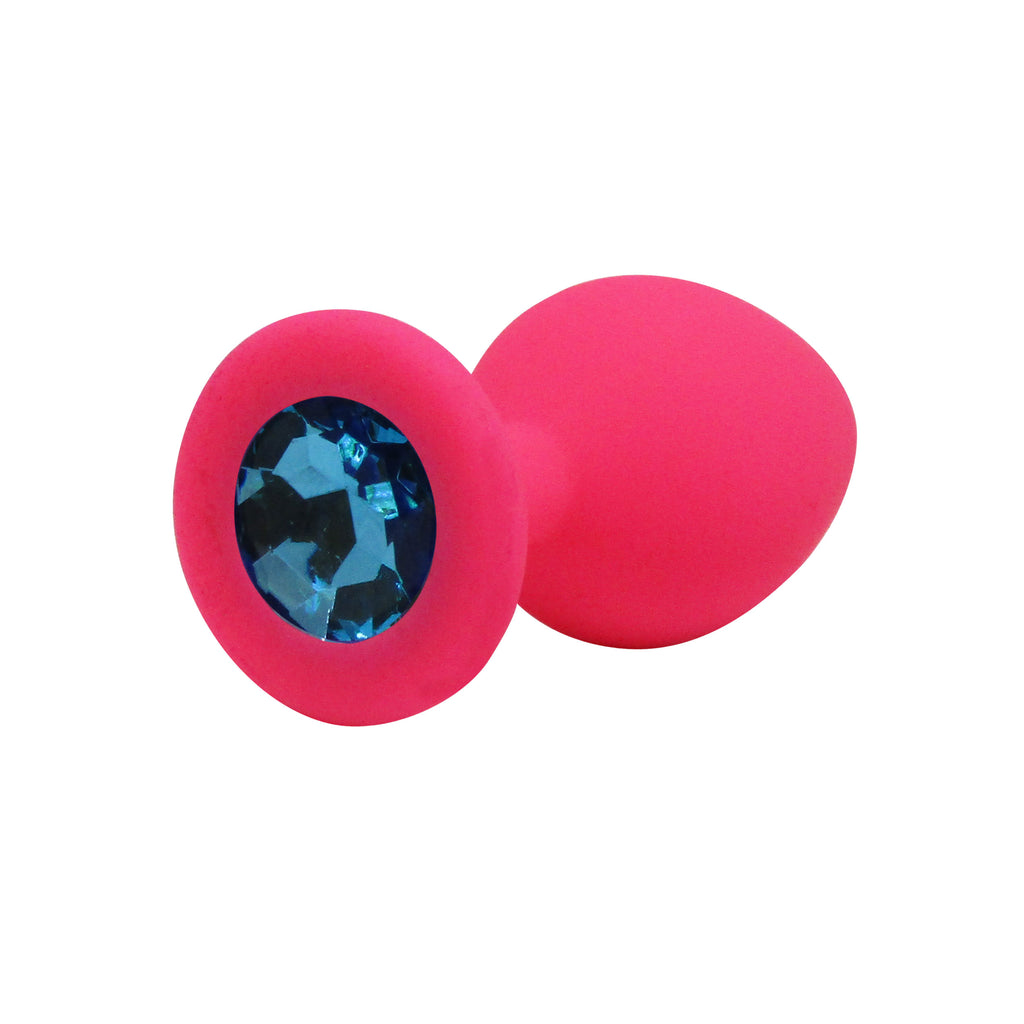 Fetish Pleasure Play Medium Pink Silicone Blue Jewel Butt Plug
