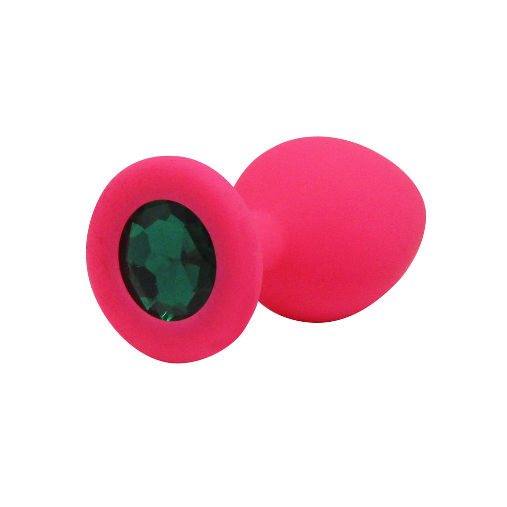 Fetish Pleasure Play Medium Pink Silicone Green Jewel Butt Plug
