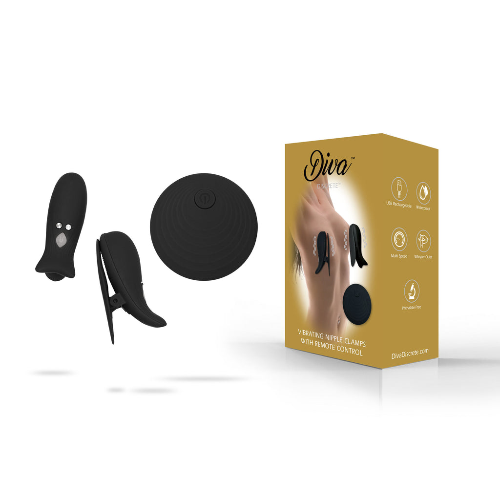 THE DIVA DISCRETE VIBRATING NIPPLE CLAMPS WITH REMOTE - BLACK THE DIVA DISCRETE VIBRATING NIPPLE CLAMPS WITH REMOTE - BLACK