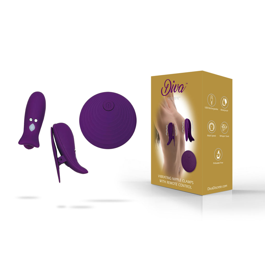THE DIVA DISCRETE VIBRATING NIPPLE CLAMPS WITH REMOTE - PURPLE THE DIVA DISCRETE VIBRATING NIPPLE CLAMPS WITH REMOTE - PURPLE