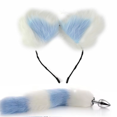 FAUX WHITE AND BLUE FOX TAIL WITH EARS ANAL PLUG SET