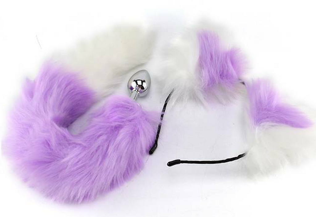 FAUX PURPLE AND WHITE FOX TAIL WITH EARS ANAL PLUG SET FAUX PURPLE AND WHITE FOX TAIL WITH EARS ANAL PLUG SET