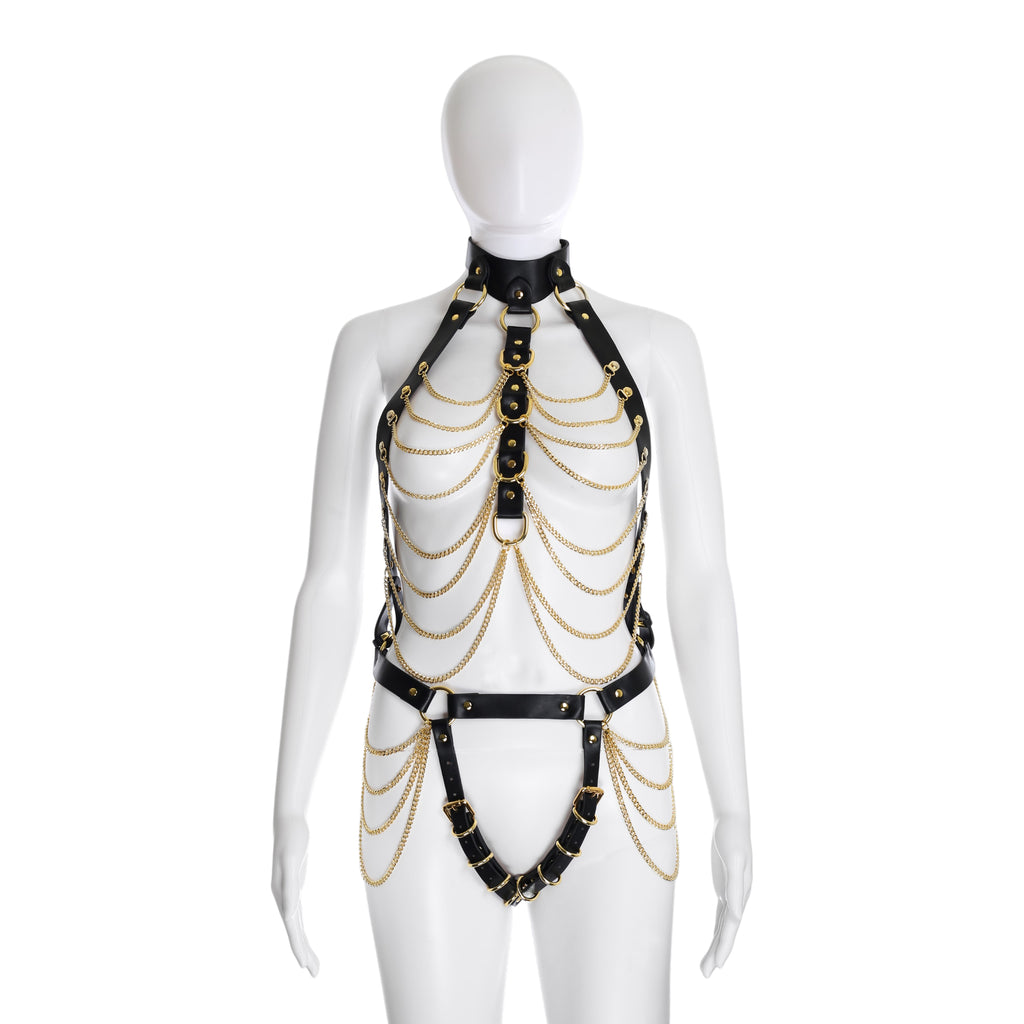 Soft PU Leather Body Harness in Black with Gold Chains by Fetish Pleasure Play - One Size