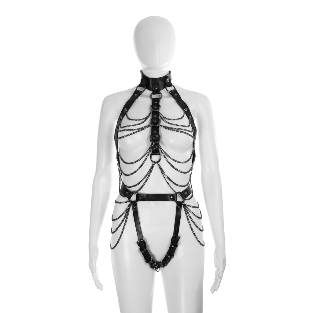 Soft PU Leather Body Harness in Black with Gunmetal Chains by Fetish Pleasure Play - One Size