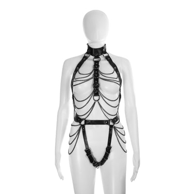 Soft PU Leather Body Harness in Black with Gunmetal Chains by Fetish Pleasure Play - One Size