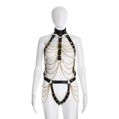 Soft PU Leather Body Harness in Black with Gold Chains by Fetish Pleasure Play - One Size