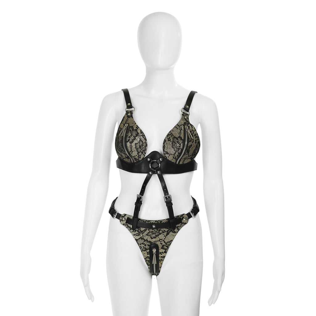 Black Vegan Leather & Lace 2-Piece Body Harness with Zippers by Fetish Pleasure Play