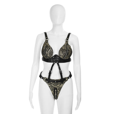 Black Vegan Leather & Lace 2-Piece Body Harness with Zippers by Fetish Pleasure Play