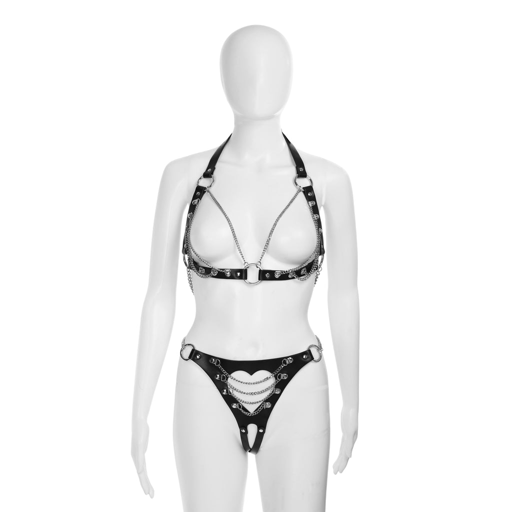 Cutout Heart Silver Chain 2-Piece Body Harness in Black by Fetish Pleasure Play - One Size