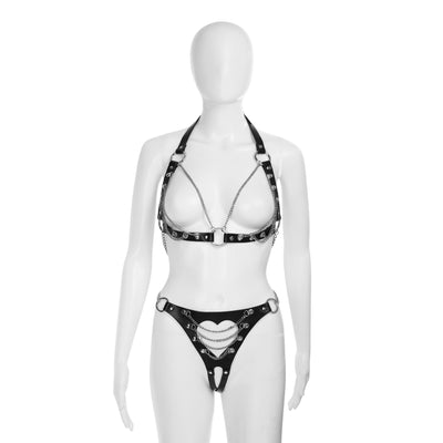 Cutout Heart Silver Chain 2-Piece Body Harness in Black by Fetish Pleasure Play - One Size