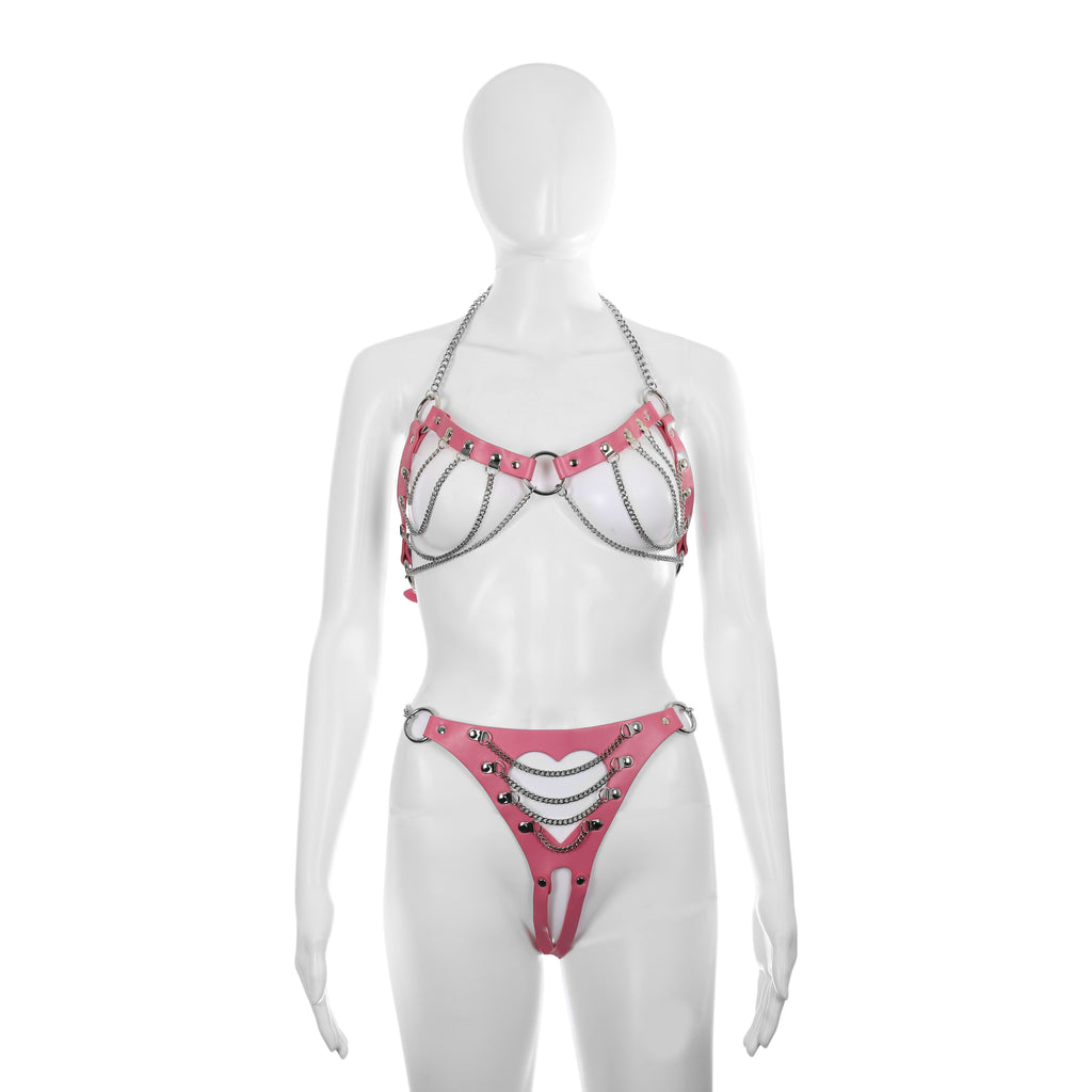 Cutout Heart Silver Chain 2-Piece Body Harness in Pink by Fetish Pleasure Play - One Size