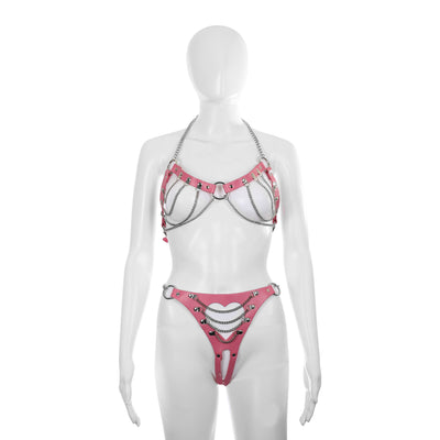 Cutout Heart Silver Chain 2-Piece Body Harness in Pink by Fetish Pleasure Play - One Size