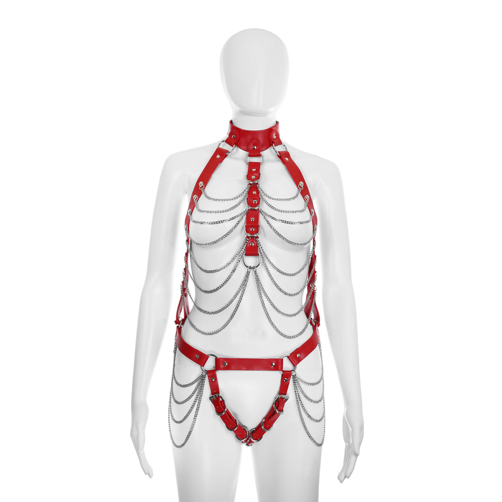 Full Body Harness with Silver Chains in Red PU Leather by Fetish Pleasure Play - One Size