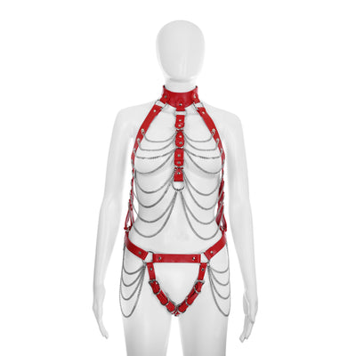 Full Body Harness with Silver Chains in Red PU Leather by Fetish Pleasure Play - One Size