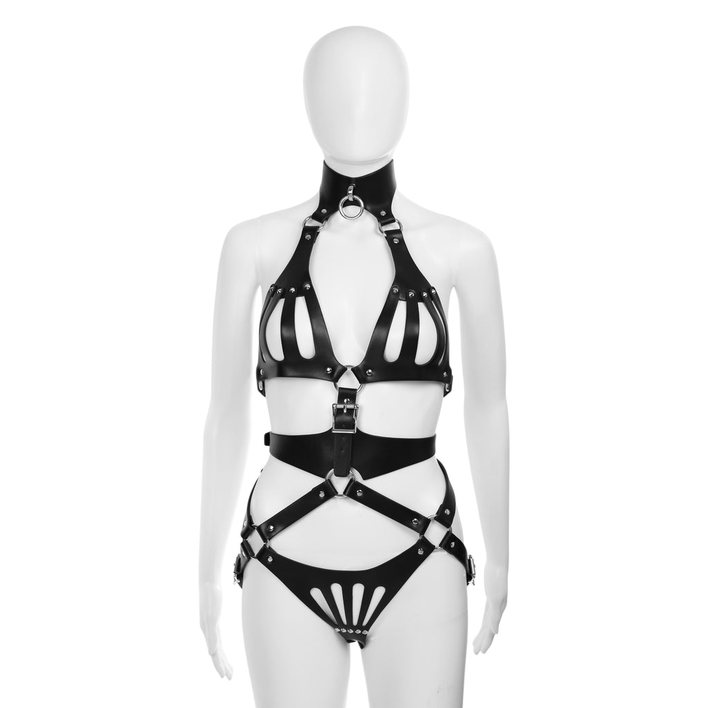 Black Vegan Leather 2 Piece Body Harness by Fetish Pleasure Play - One Size