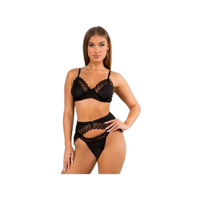 Stripe Mesh Bra, Garter and Panty Set, Black