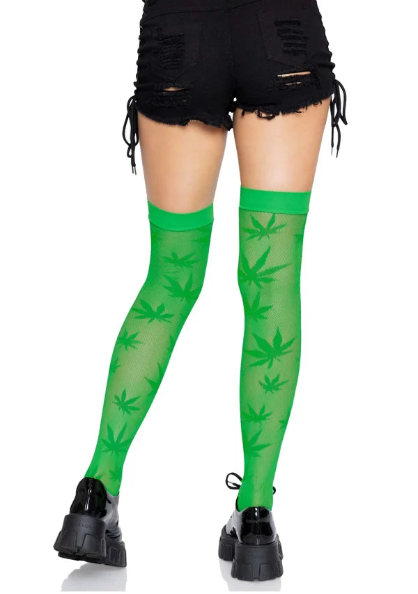 Green 420 Pot Leaf Fishnet Thigh High Stockings One Size