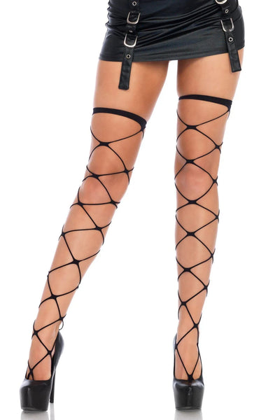 Jumbo Wide Black Fishnet Thigh High Stockings One Size