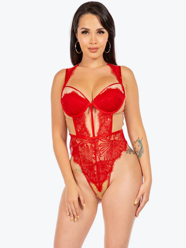 Eden Sheer & Lace Cage Underwire Teddy, Red