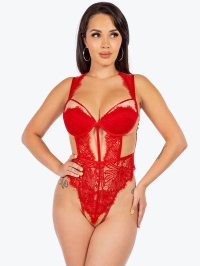 Eden Sheer & Lace Cage Underwire Teddy, Red
