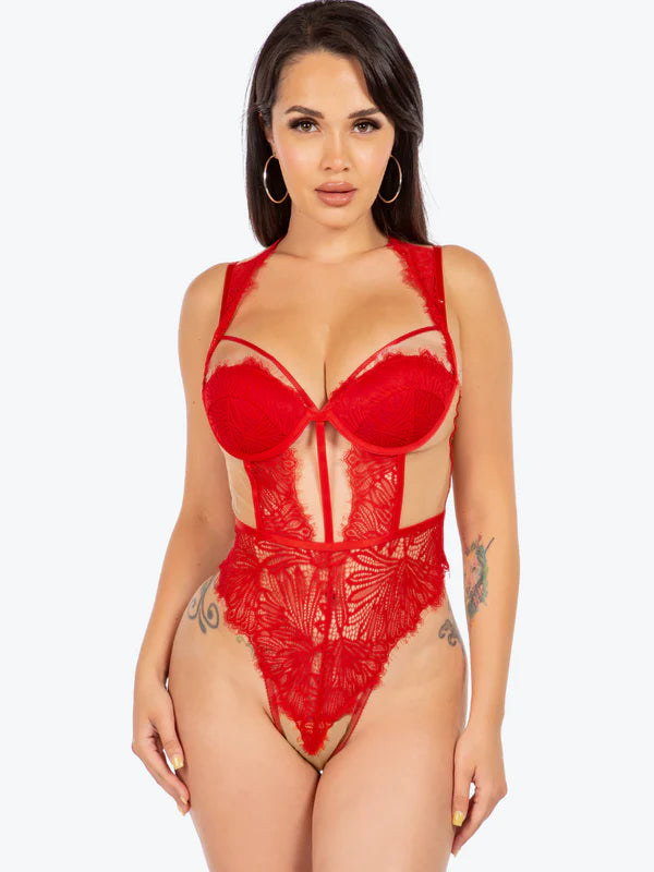 Eden Sheer & Lace Cage Underwire Teddy, Red