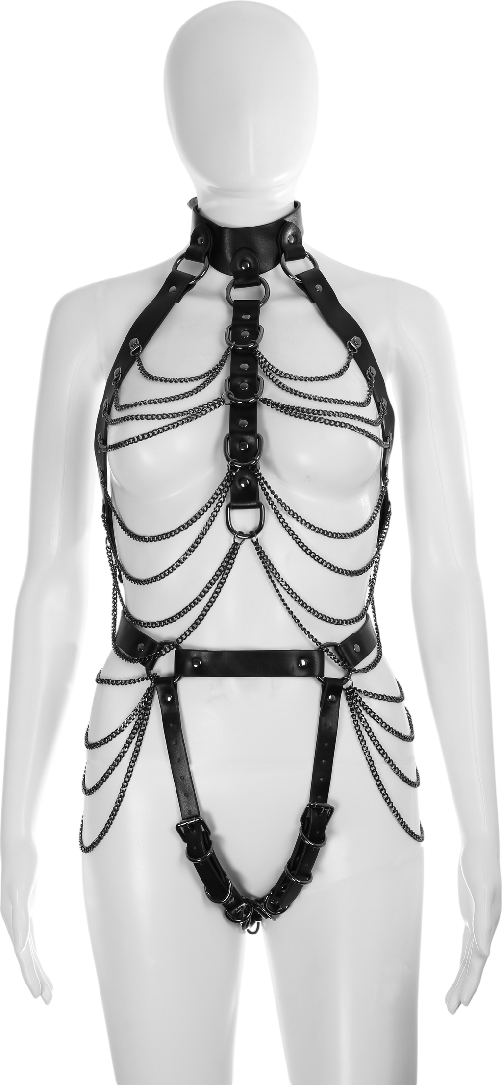 Soft PU Leather Body Harness in Black with Gunmetal Chains by Fetish Pleasure Play - One Size