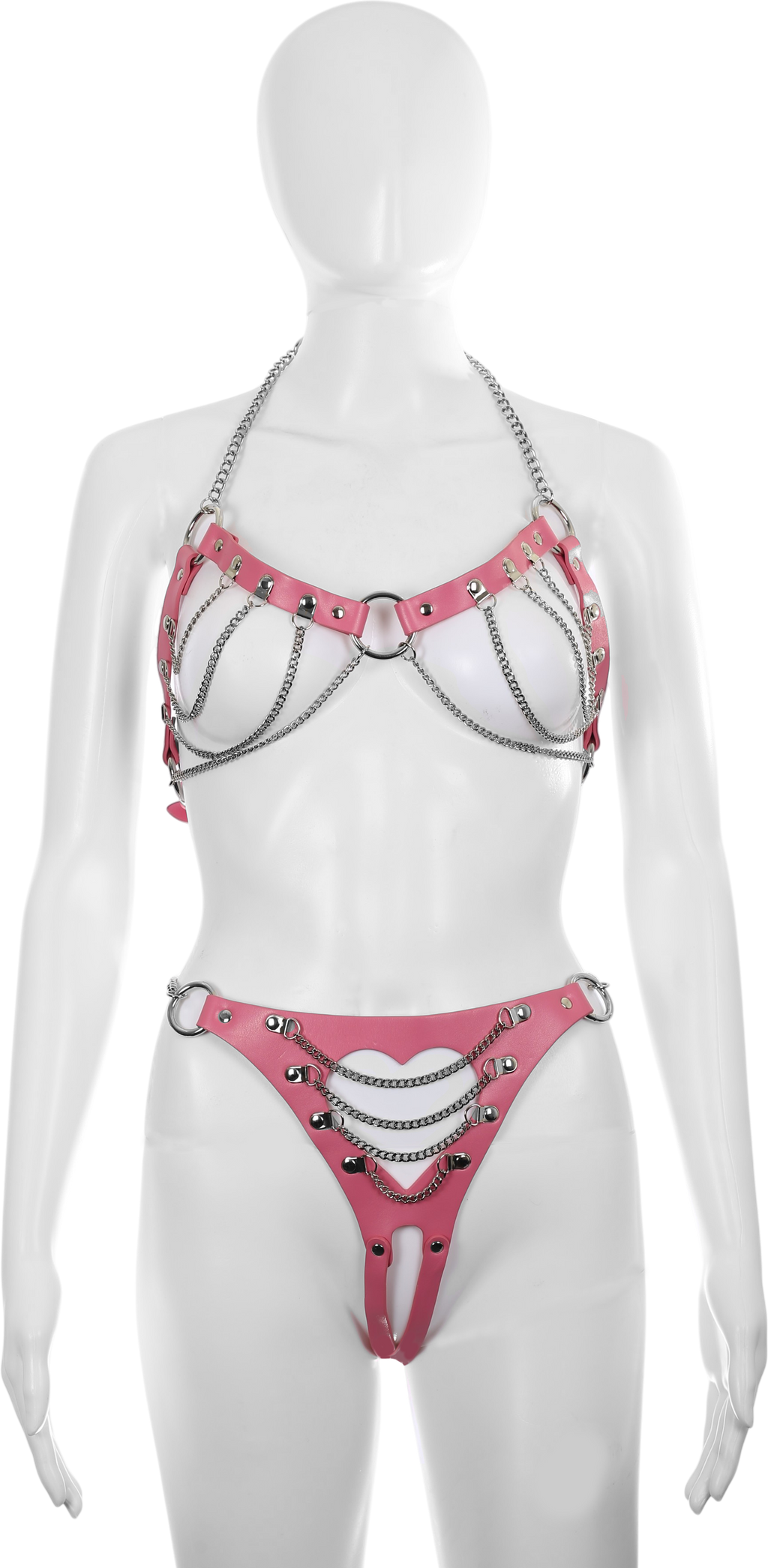 Cutout Heart Silver Chain 2-Piece Body Harness in Pink by Fetish Pleasure Play - One Size