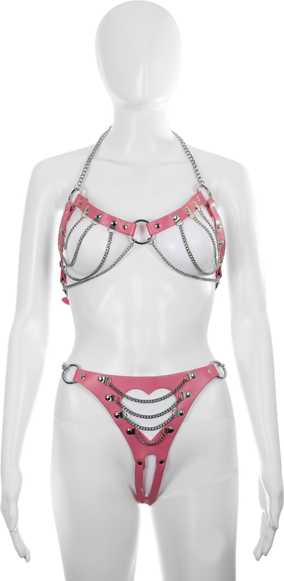 Cutout Heart Silver Chain 2-Piece Body Harness in Pink by Fetish Pleasure Play - One Size