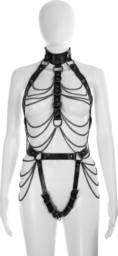 Soft PU Leather Body Harness in Black with Gunmetal Chains by Fetish Pleasure Play - One Size