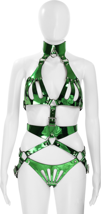 Metallic Green Vegan Leather 2 Piece Body Harness by Fetish Pleasure Play - One Size