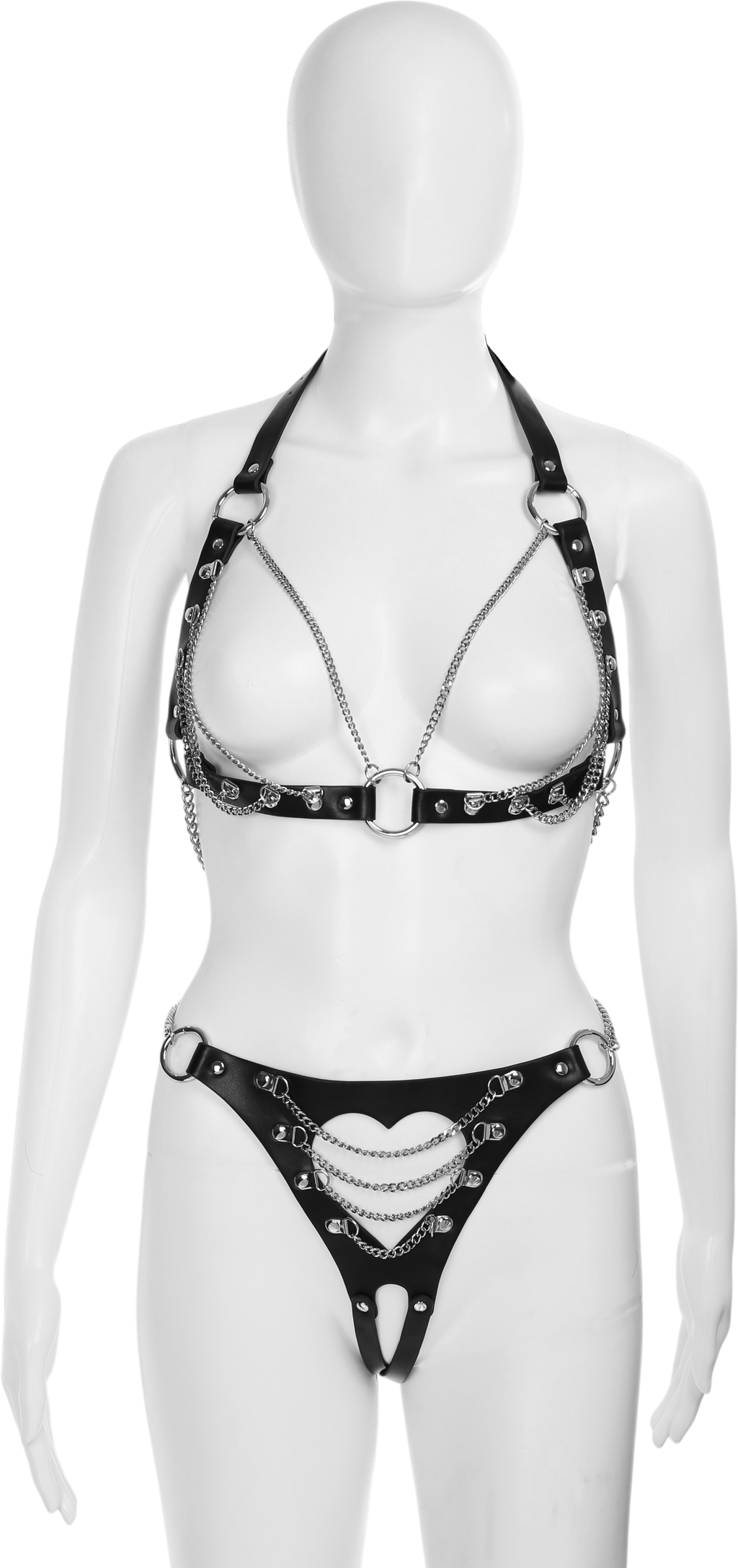 Cutout Heart Silver Chain 2-Piece Body Harness in Black by Fetish Pleasure Play - One Size