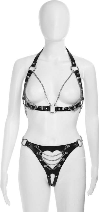 Cutout Heart Silver Chain 2-Piece Body Harness in Black by Fetish Pleasure Play - One Size