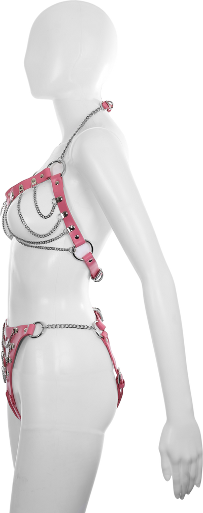 Cutout Heart Silver Chain 2-Piece Body Harness in Pink by Fetish Pleasure Play - One Size
