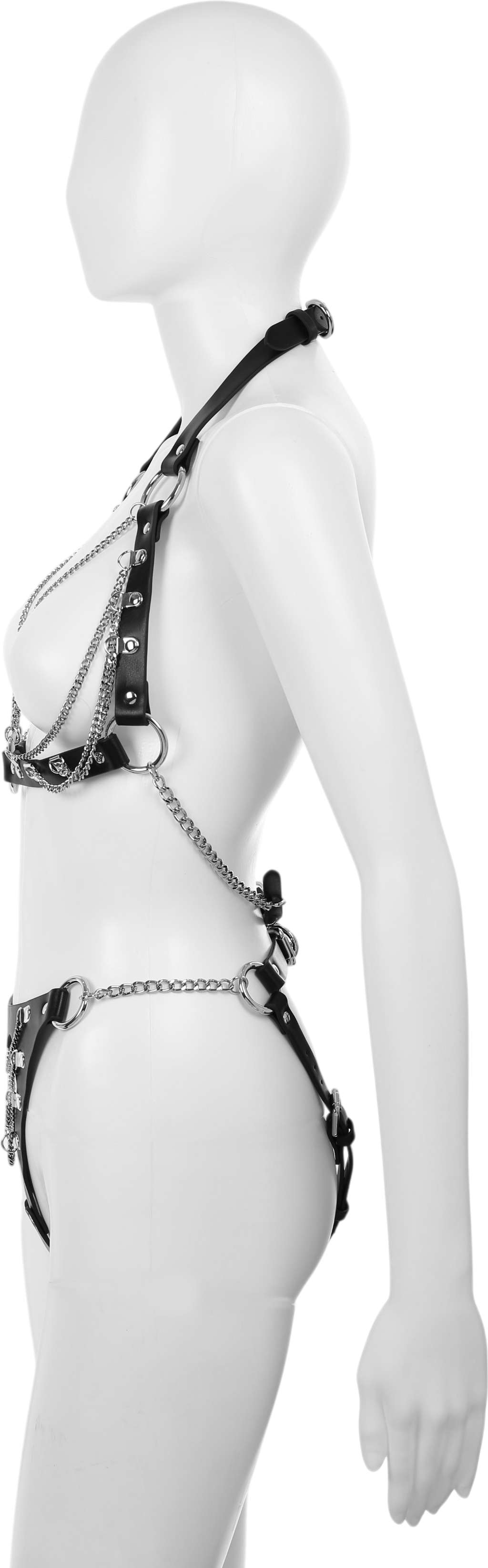 Cutout Heart Silver Chain 2-Piece Body Harness in Black by Fetish Pleasure Play - One Size