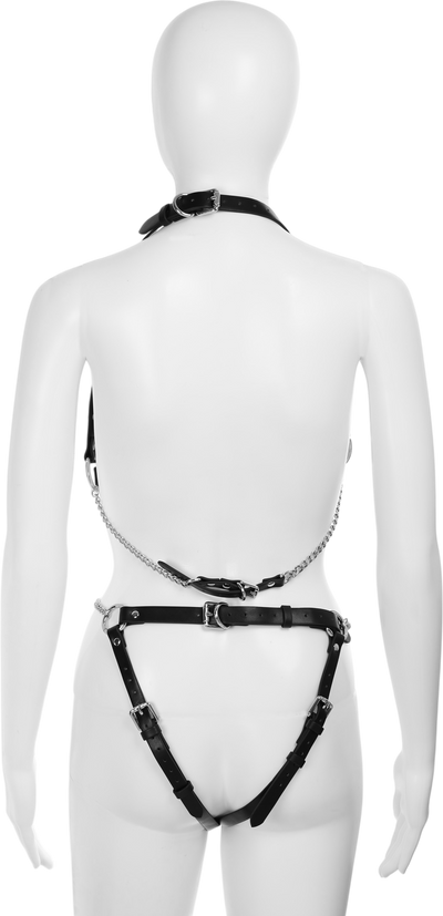 Cutout Heart Silver Chain 2-Piece Body Harness in Black by Fetish Pleasure Play - One Size