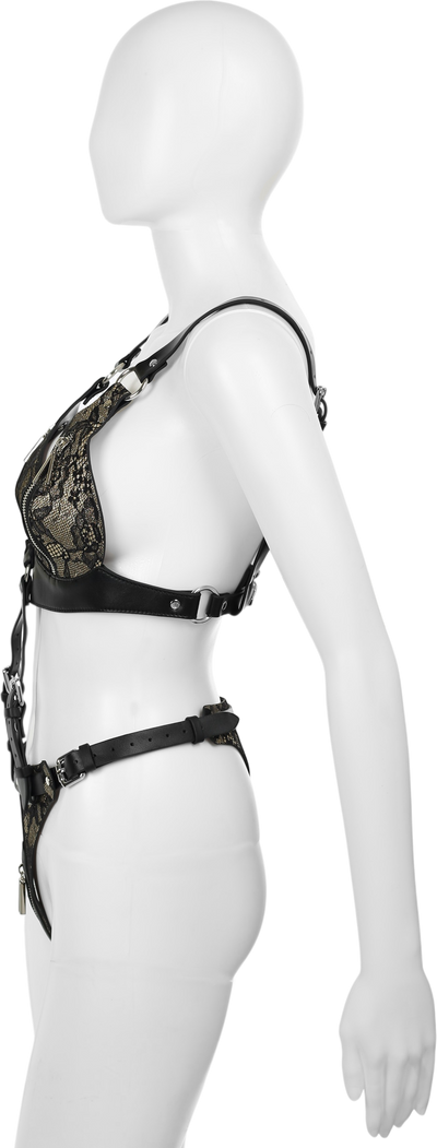 Black Vegan Leather & Lace 2-Piece Body Harness with Zippers by Fetish Pleasure Play