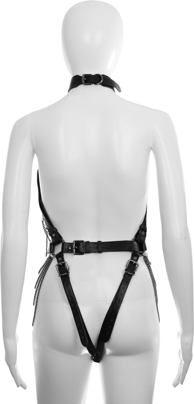 Soft PU Leather Body Harness in Black with Gunmetal Chains by Fetish Pleasure Play - One Size
