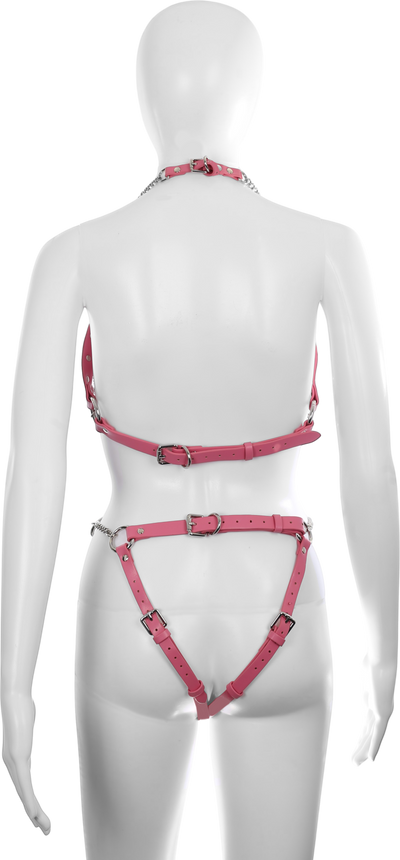 Cutout Heart Silver Chain 2-Piece Body Harness in Pink by Fetish Pleasure Play - One Size