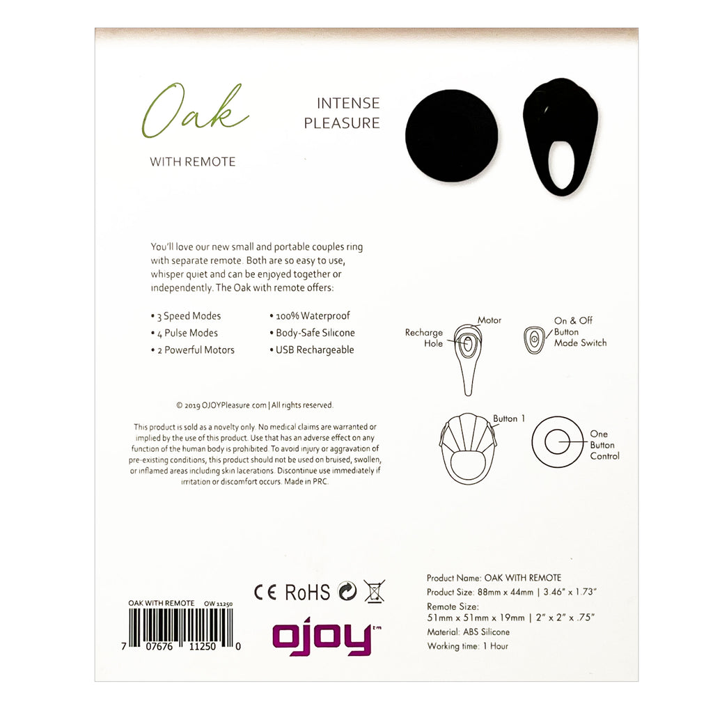 OJOY OAK VIBRATING COCK RING MASSAGER WITH REMOTE -Black