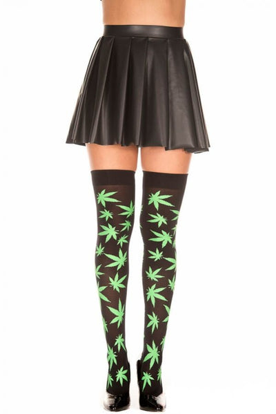 Pot Leaf Print Thigh High Stockings in Black and Green - One Size