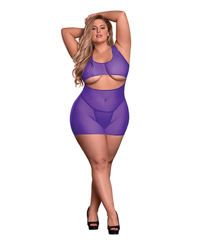 Sheer Purple Cutout Dress and Crotchless G-String Set Queen O/S