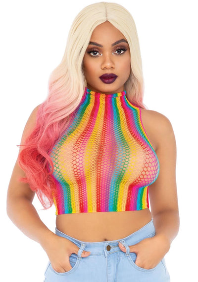Rainbow Net High Neck Crop Top - One Size