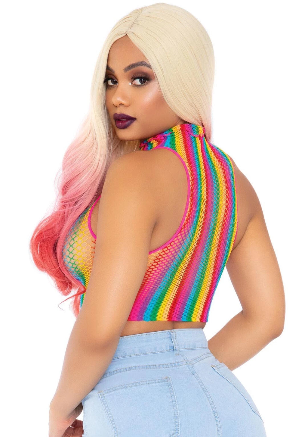 Rainbow Net High Neck Crop Top - One Size