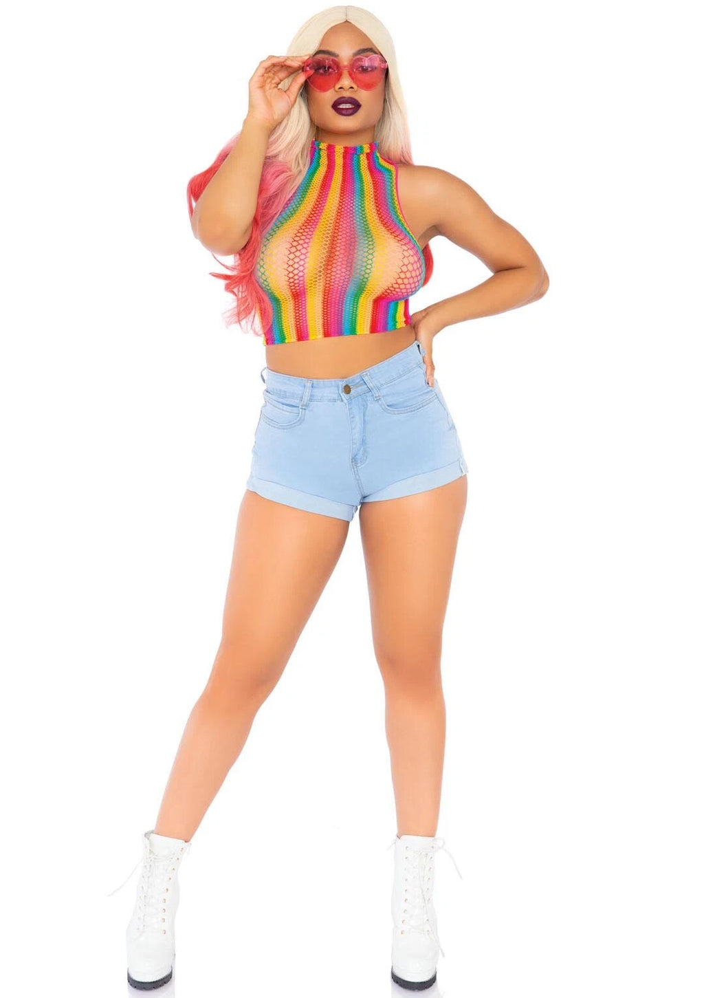 Rainbow Net High Neck Crop Top - One Size