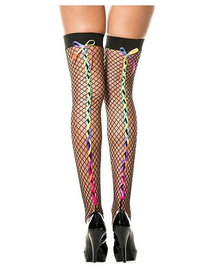 Rainbow Satin Ribbon Backseam Fishnet Thigh High Stockings One Size