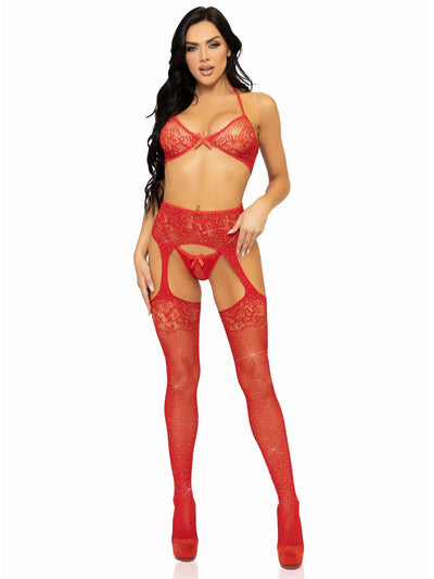 Red 3-Piece Rhinestone Bra, G-String, and Fishnet Garter Belt Stockings One Size