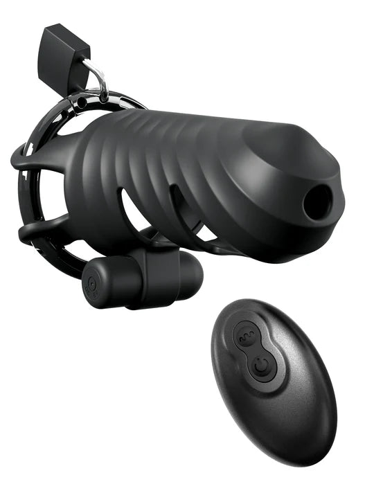 Remote-Controlled Vibrating Cock Blocker Cock Cage by Fantasy C-Ringz