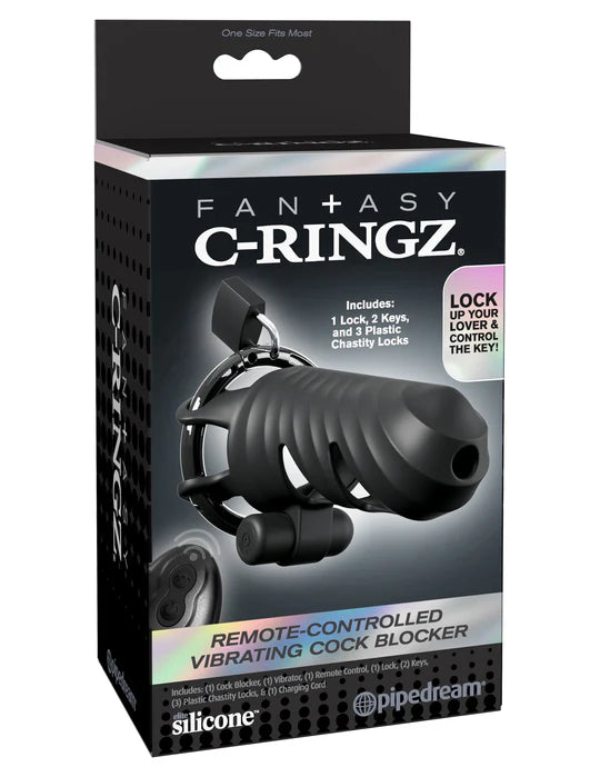 Remote-Controlled Vibrating Cock Blocker Cock Cage by Fantasy C-Ringz