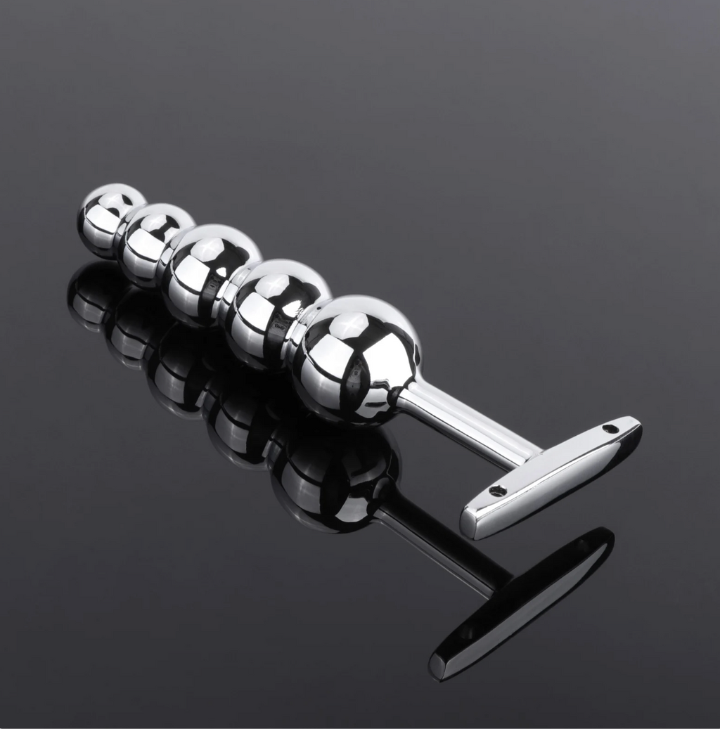 STAINLESS STEEL BEADED ANAL MASSAGING PLUG WITH HANDLE